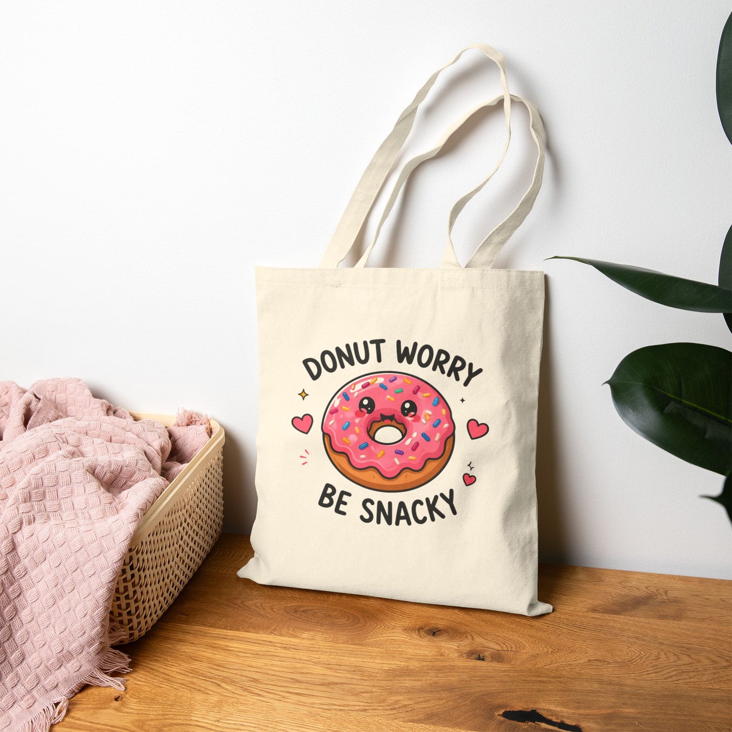 Donut Worry Be Snacky Tote Bag — Cute Kawaii Donut Canvas Grocery Shopper